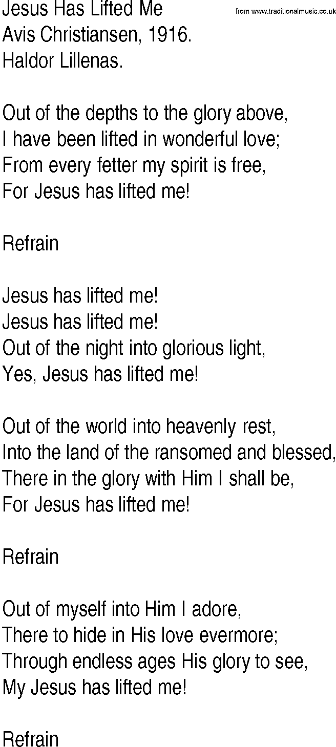 Hymn and Gospel Song: Jesus Has Lifted Me by Avis Christiansen lyrics