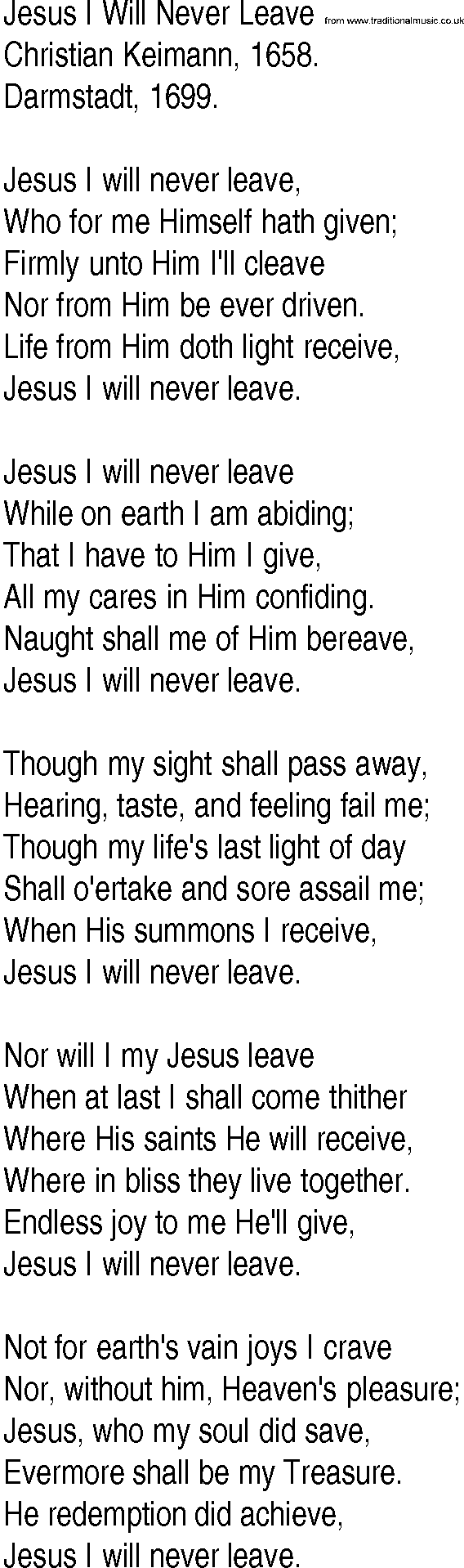 Hymn and Gospel Song: Jesus I Will Never Leave by Christian Keimann lyrics