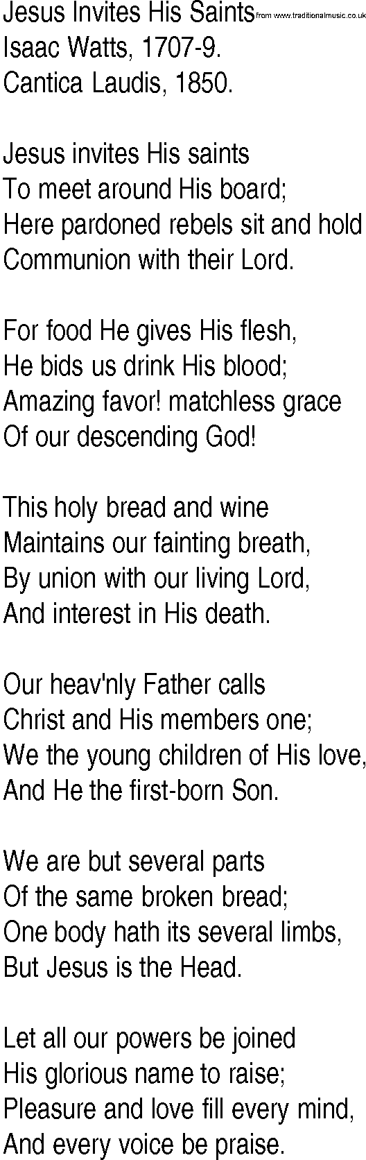 Hymn and Gospel Song: Jesus Invites His Saints by Isaac Watts lyrics