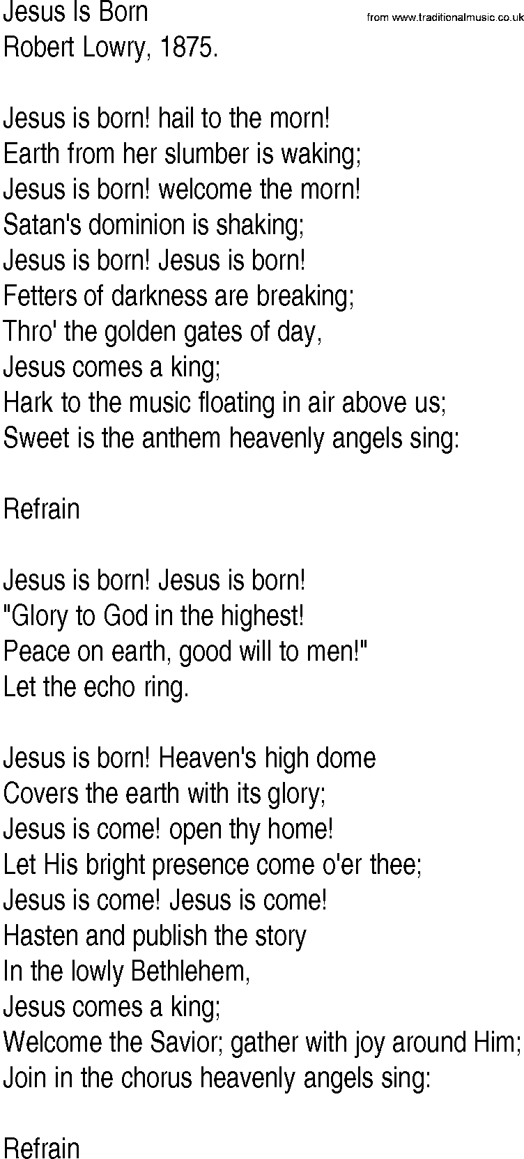 Hymn and Gospel Song: Jesus Is Born by Robert Lowry lyrics