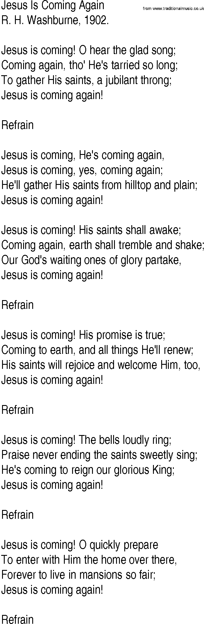 Hymn and Gospel Song: Jesus Is Coming Again by R H Washburne lyrics