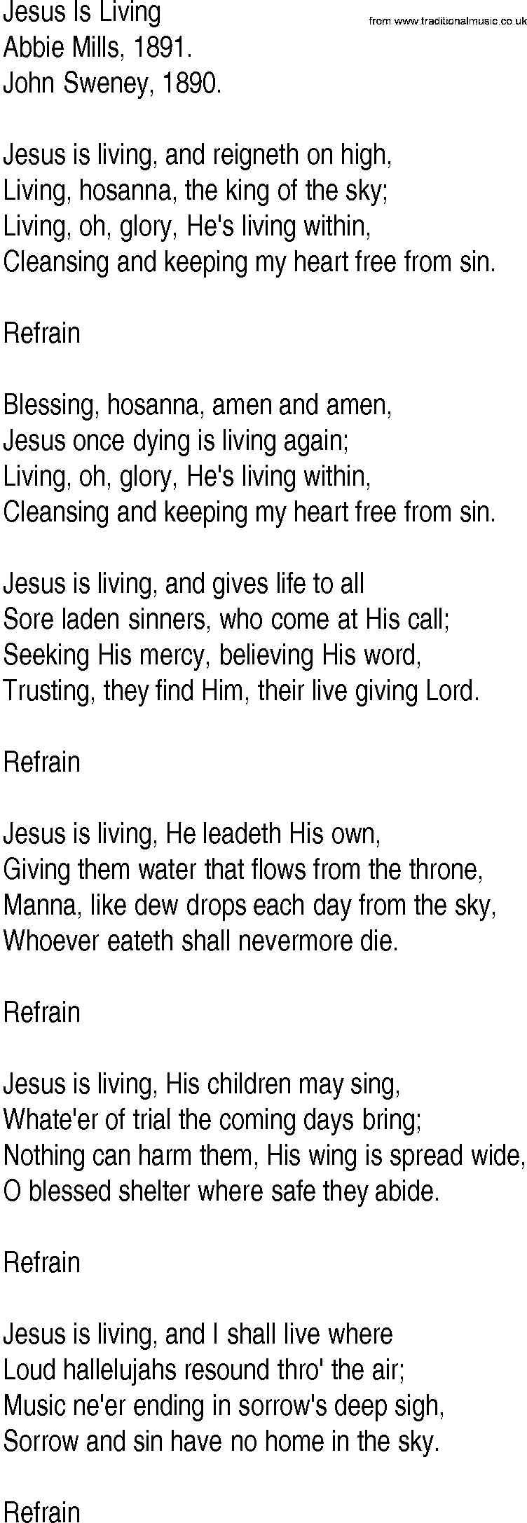 Hymn and Gospel Song: Jesus Is Living by Abbie Mills lyrics