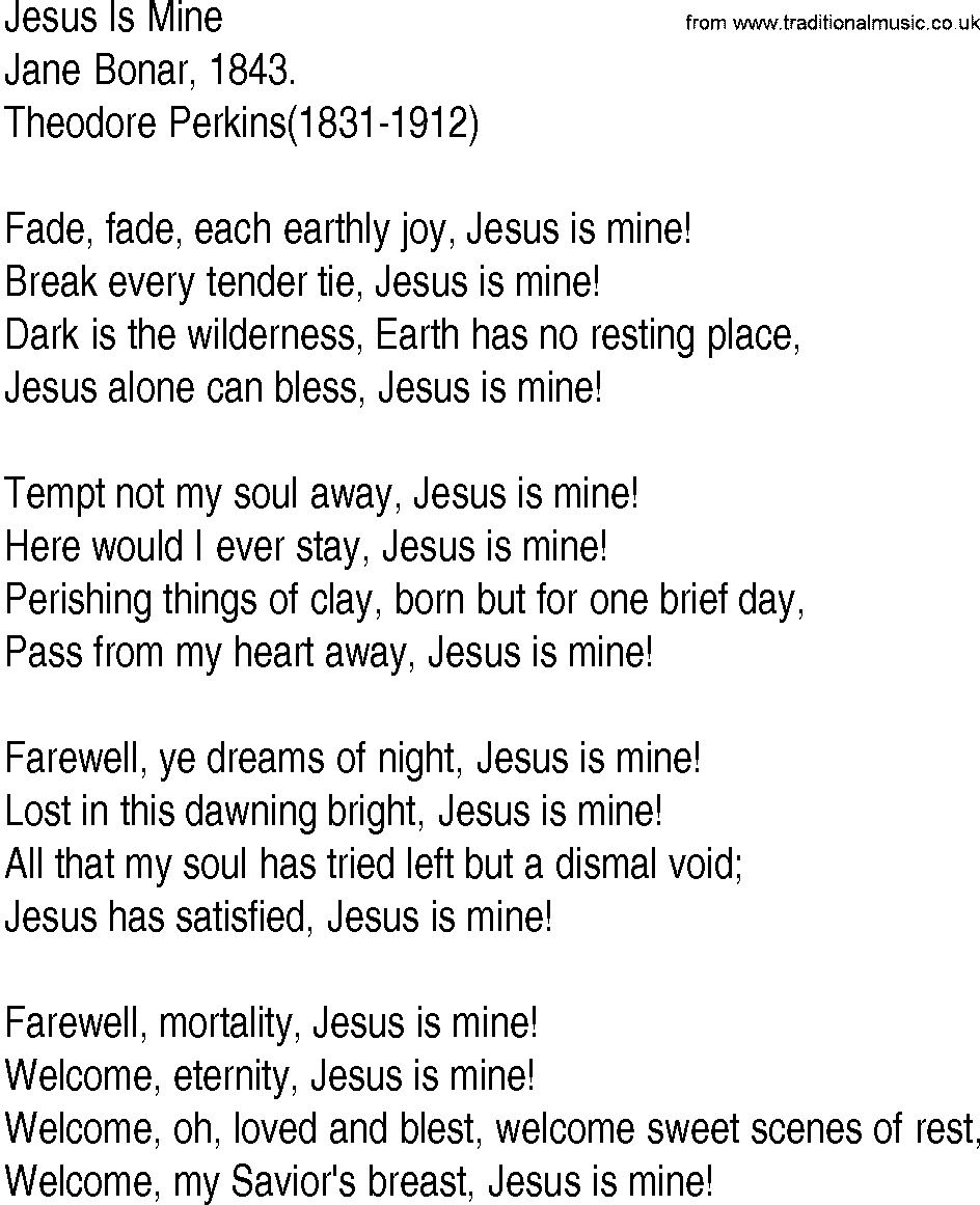 Hymn and Gospel Song: Jesus Is Mine by Jane Bonar lyrics