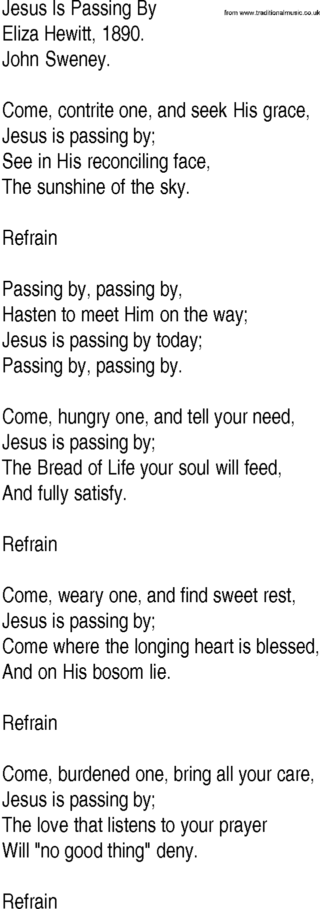 Hymn and Gospel Song: Jesus Is Passing By by Eliza Hewitt lyrics