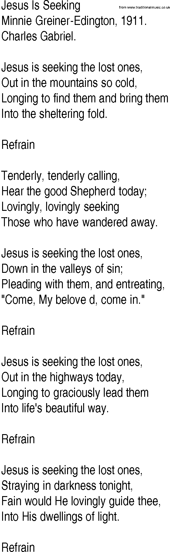 Hymn and Gospel Song: Jesus Is Seeking by Minnie GreinerEdington lyrics