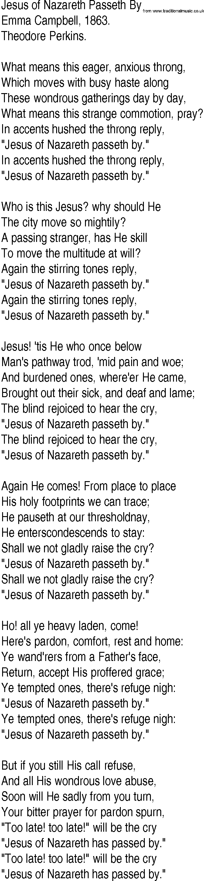Hymn and Gospel Song: Jesus of Nazareth Passeth By by Emma Campbell lyrics