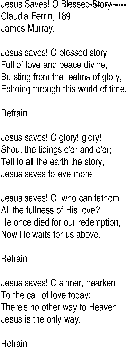 Hymn and Gospel Song: Jesus Saves! O Blessed Story by Claudia Ferrin lyrics