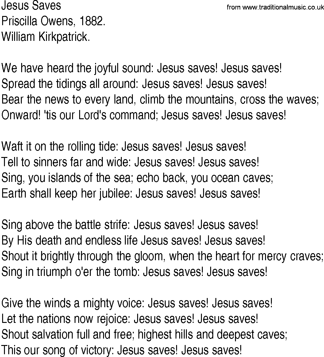Hymn and Gospel Song: Jesus Saves by Priscilla Owens lyrics