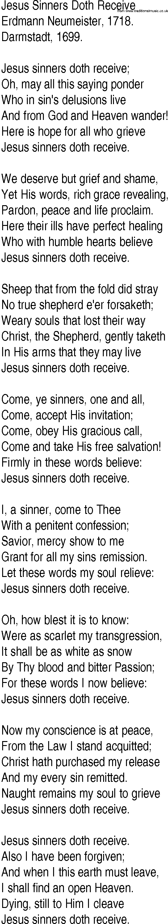 Hymn and Gospel Song: Jesus Sinners Doth Receive by Erdmann Neumeister lyrics