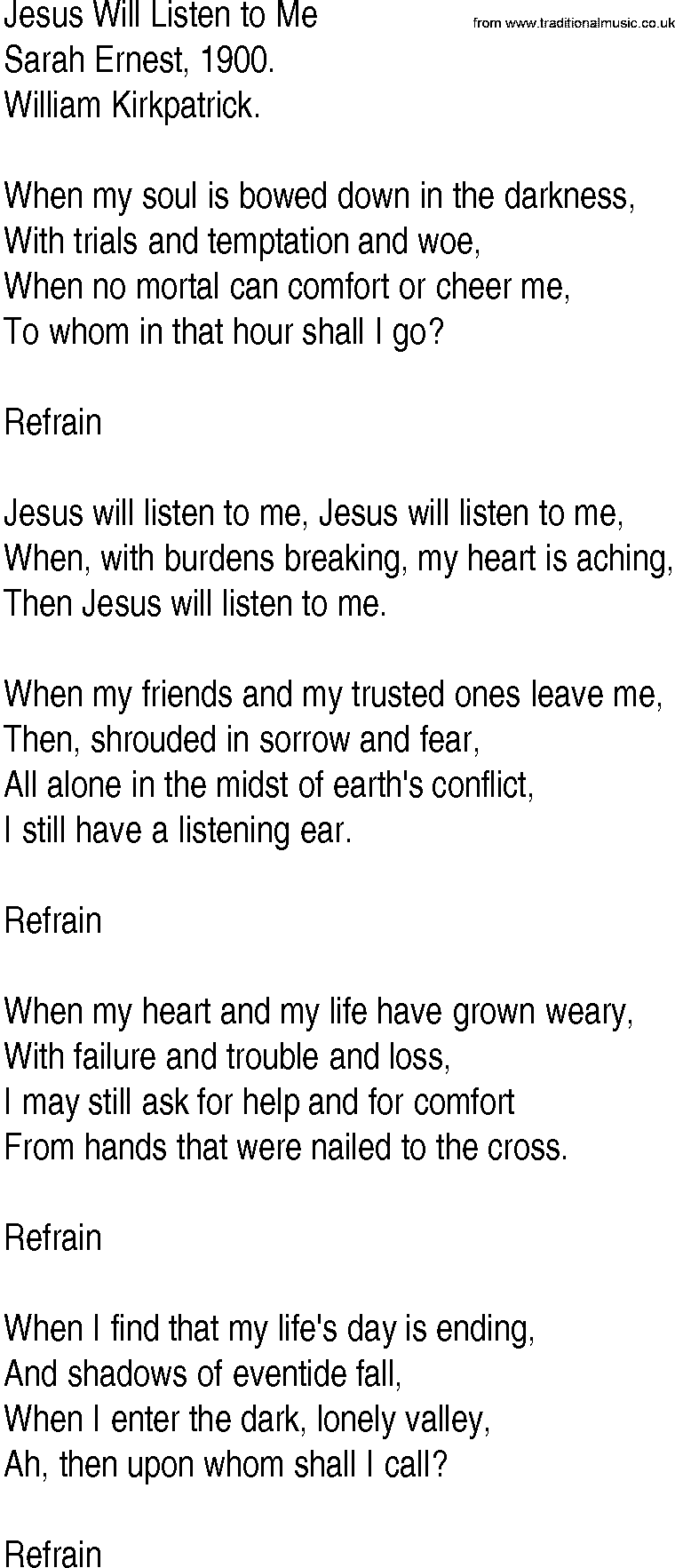 Hymn and Gospel Song: Jesus Will Listen to Me by Sarah Ernest lyrics