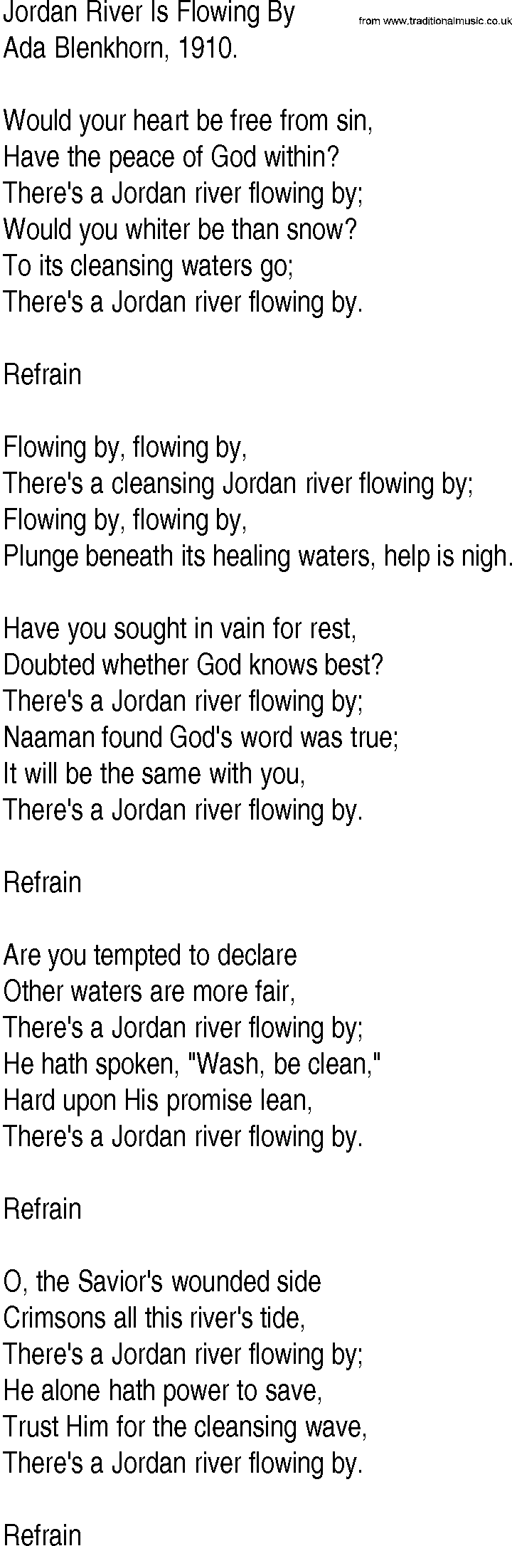 Hymn and Gospel Song Lyrics Jordan River Is Flowing By by Ada Blenkhorn