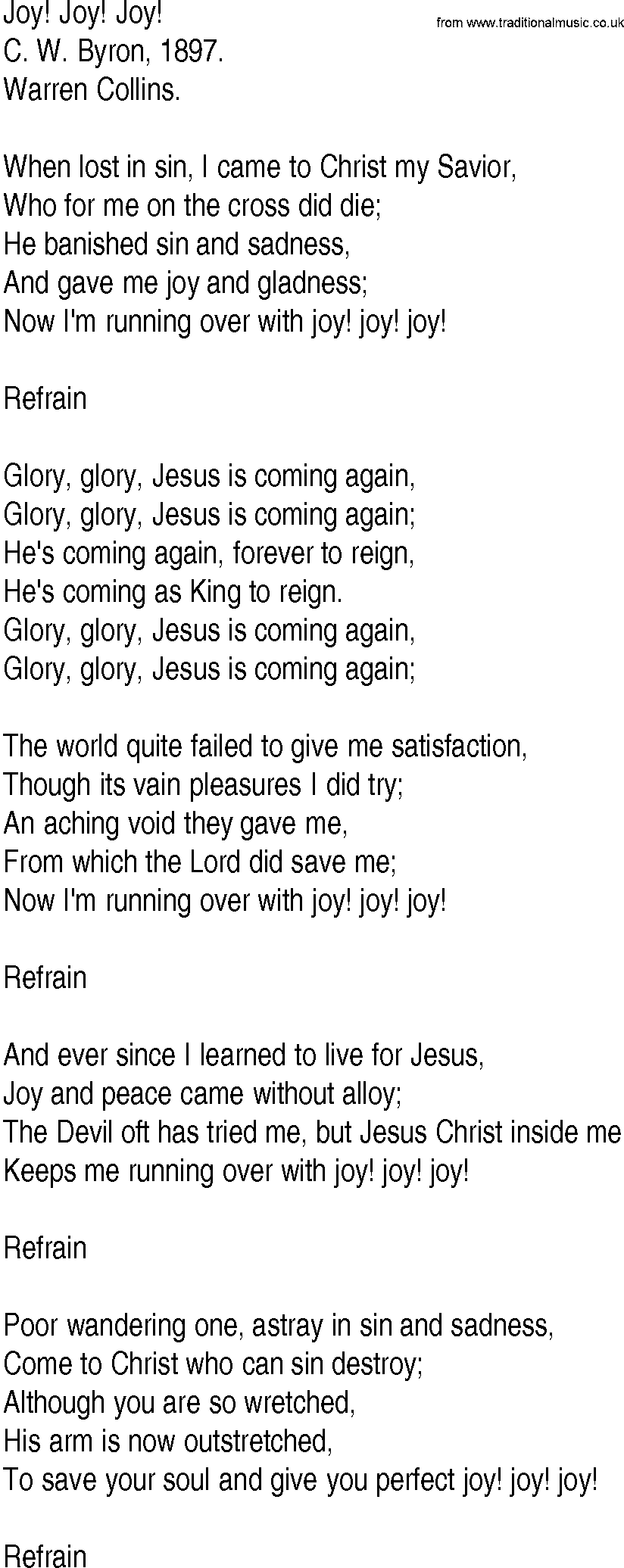 Hymn and Gospel Song: Joy! Joy! Joy! by C W Byron lyrics