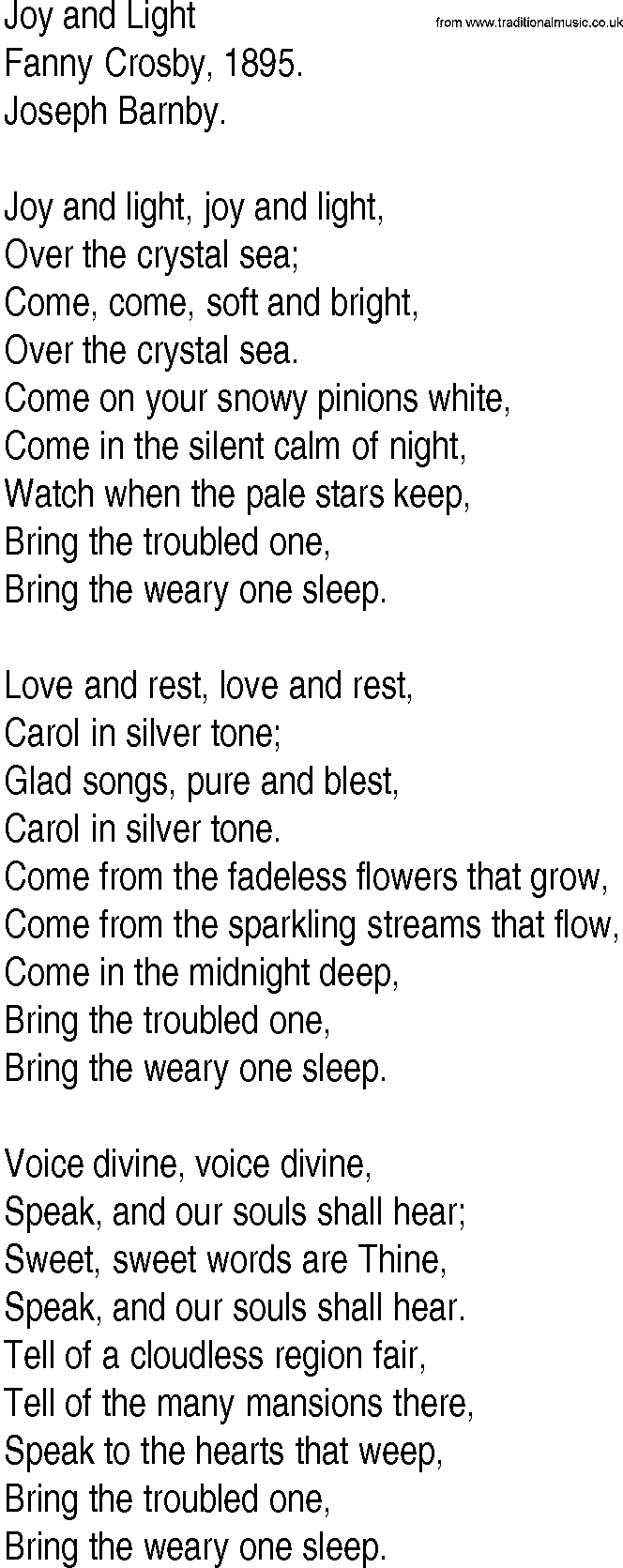 Hymn and Gospel Song: Joy and Light by Fanny Crosby lyrics