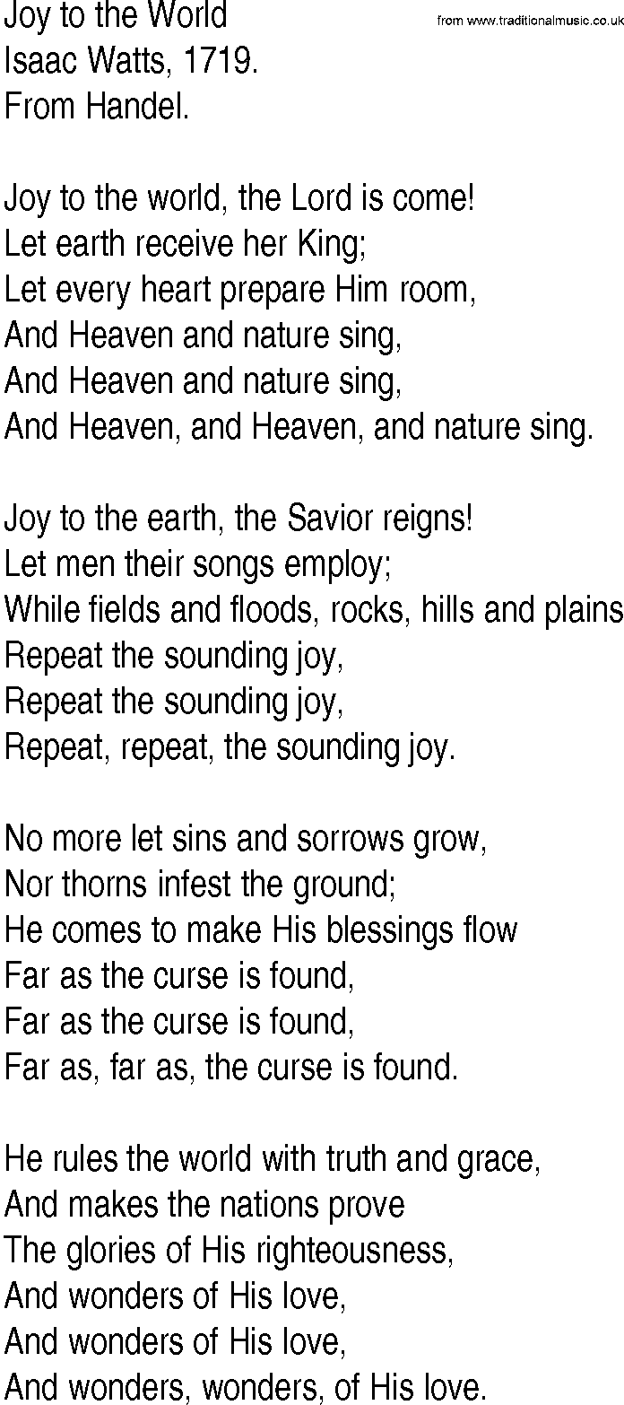 Hymn and Gospel Song Lyrics for Joy to the World by Isaac Watts