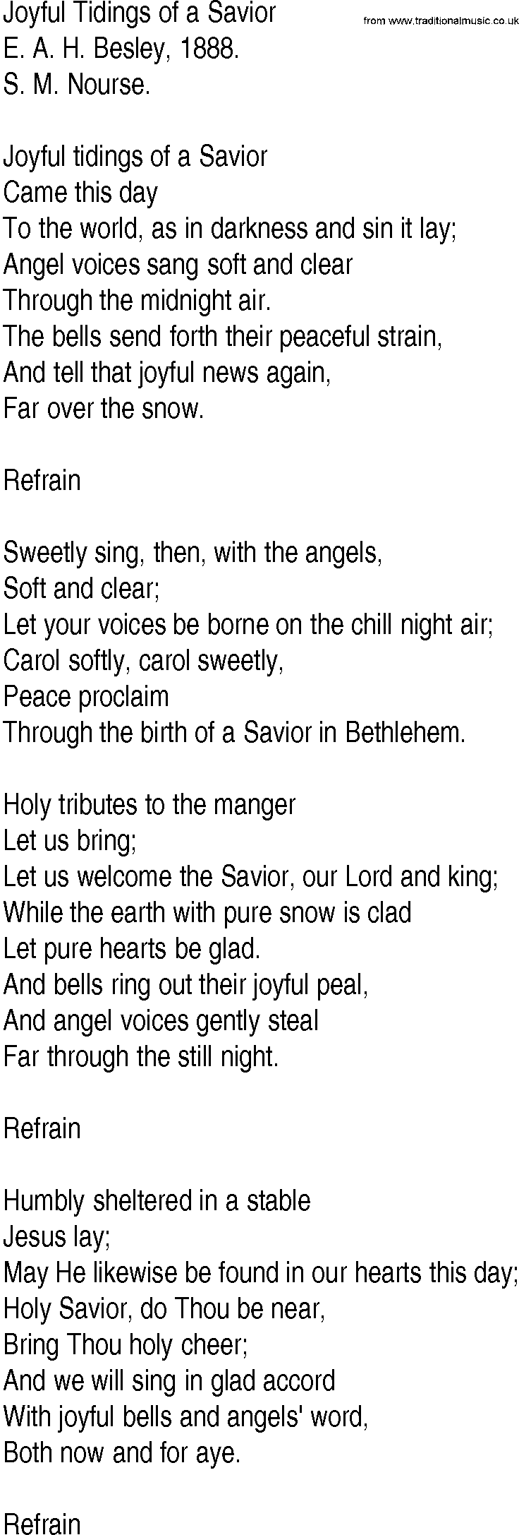 Hymn and Gospel Song: Joyful Tidings of a Savior by E A H Besley lyrics