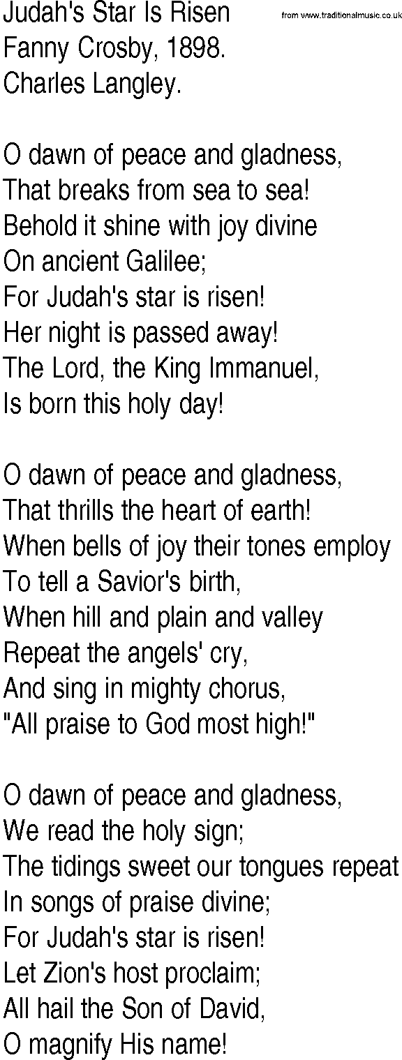 Hymn and Gospel Song: Judah's Star Is Risen by Fanny Crosby lyrics