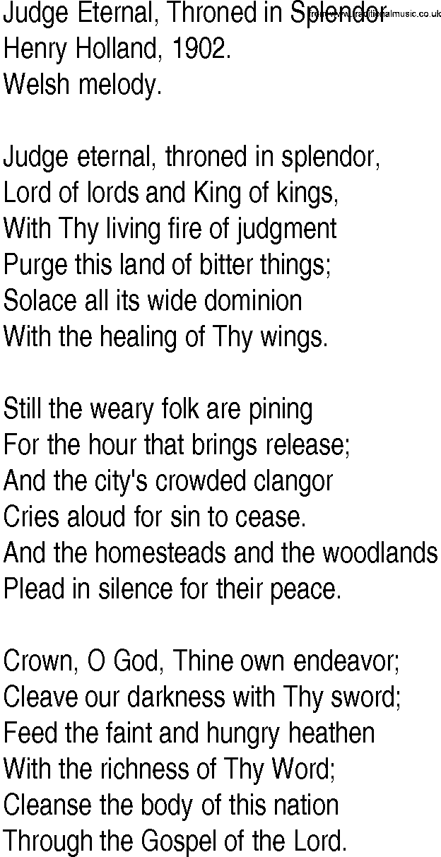 Hymn and Gospel Song: Judge Eternal, Throned in Splendor by Henry Holland lyrics