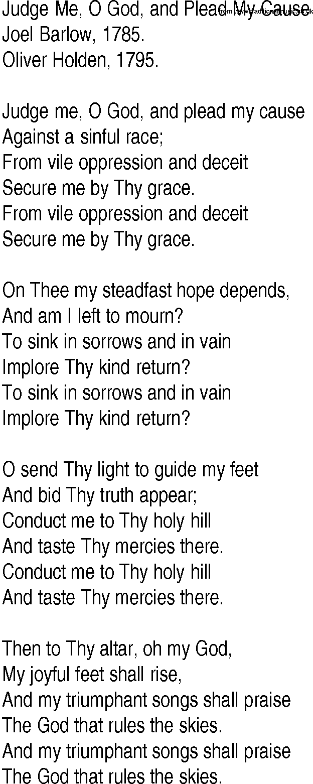 Hymn and Gospel Song: Judge Me, O God, and Plead My Cause by Joel Barlow lyrics