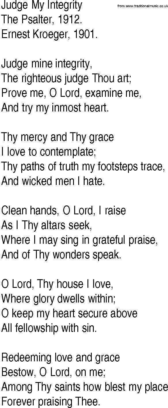 Hymn and Gospel Song: Judge My Integrity by The Psalter lyrics