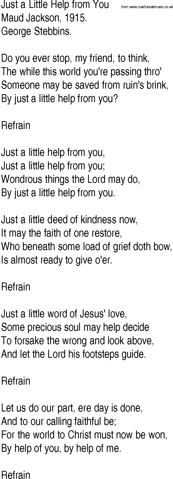 Hymn and Gospel Song: Just a Little Help from You by Maud Jackson lyrics