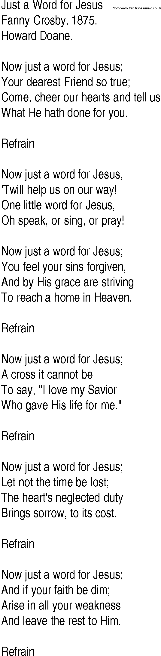 Hymn and Gospel Song: Just a Word for Jesus by Fanny Crosby lyrics