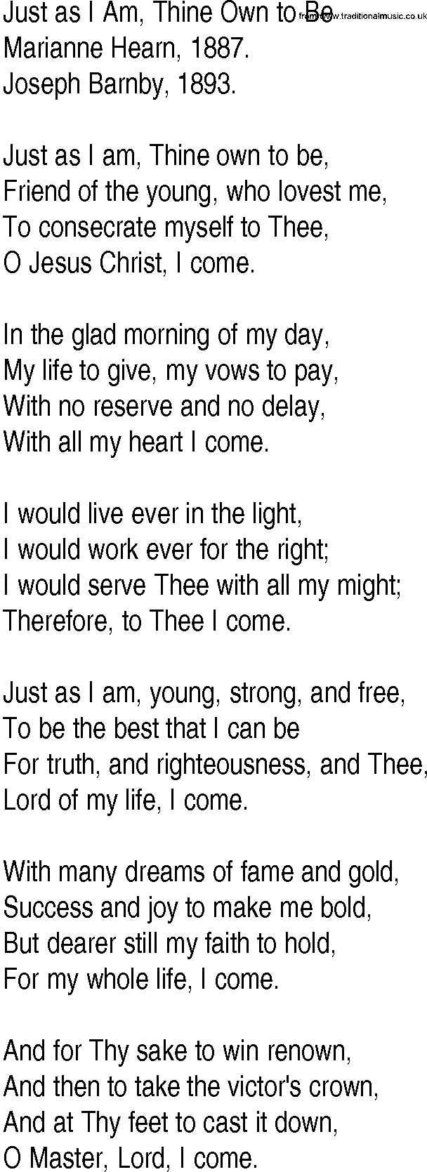 Hymn and Gospel Song: Just as I Am, Thine Own to Be by Marianne Hearn lyrics