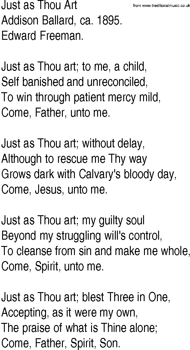 Hymn and Gospel Song: Just as Thou Art by Addison Ballard ca lyrics