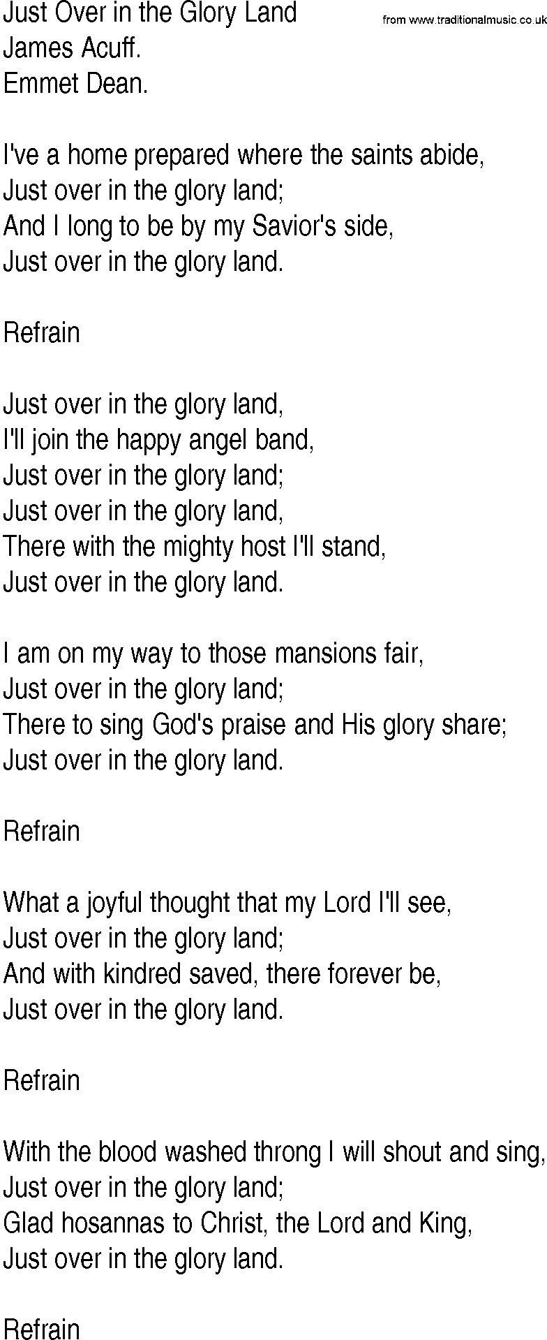 Hymn and Gospel Song: Just Over in the Glory Land by James Acuff lyrics