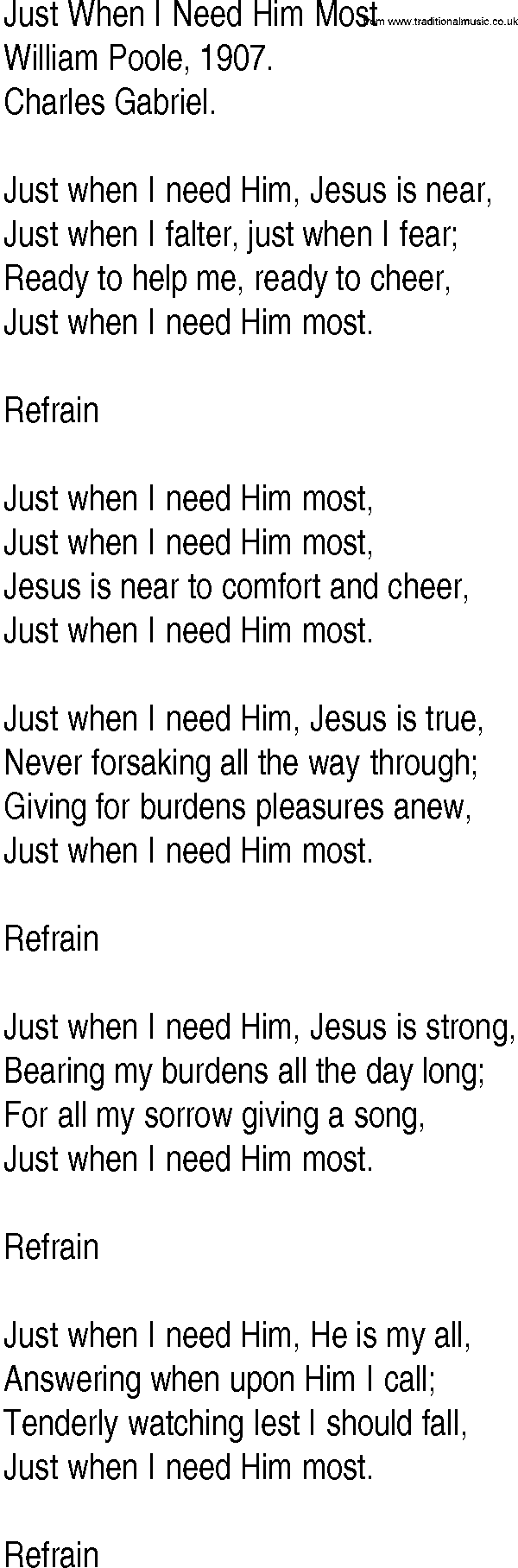 Hymn and Gospel Song: Just When I Need Him Most by William Poole lyrics