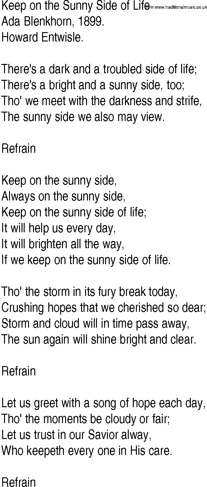 Hymn and Gospel Song: Keep on the Sunny Side of Life by Ada Blenkhorn lyrics