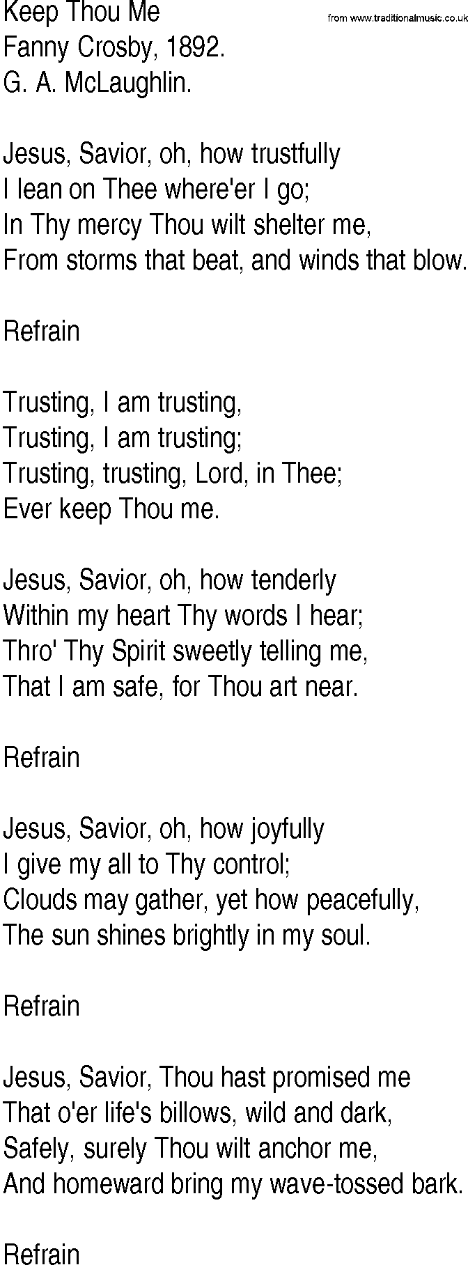 Hymn and Gospel Song: Keep Thou Me by Fanny Crosby lyrics