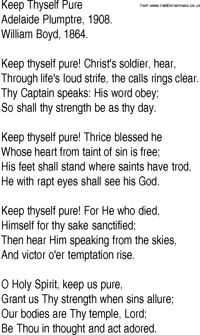 Hymn and Gospel Song: Keep Thyself Pure by Adelaide Plumptre lyrics
