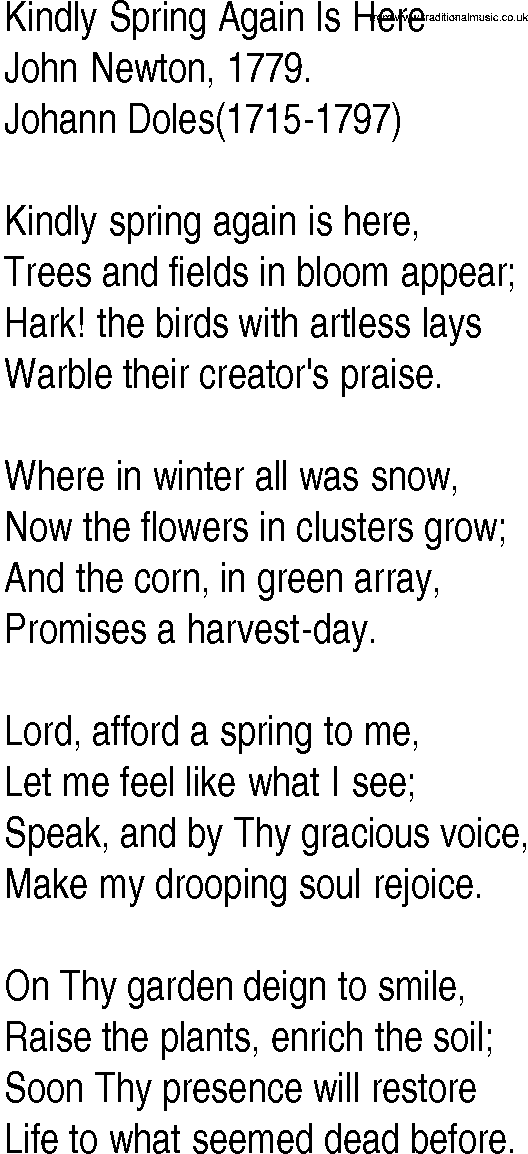 Hymn and Gospel Song: Kindly Spring Again Is Here by John Newton lyrics