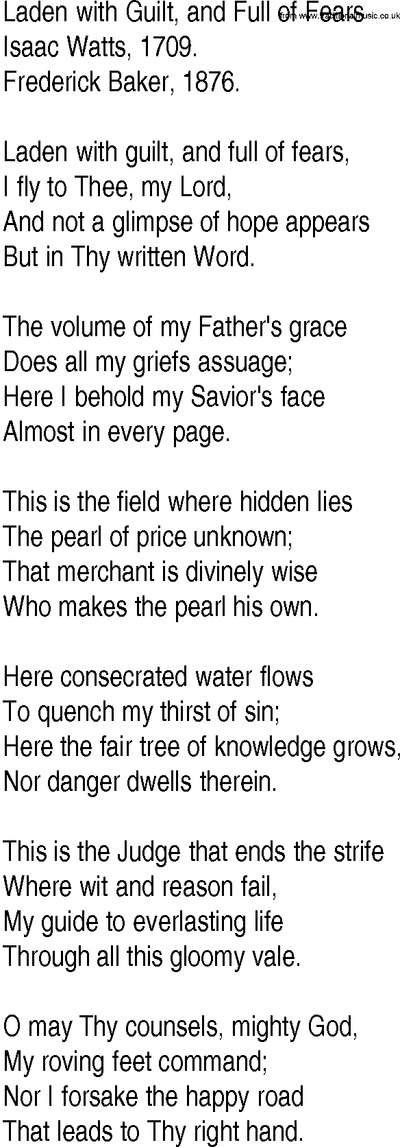Hymn and Gospel Song: Laden with Guilt, and Full of Fears by Isaac Watts lyrics