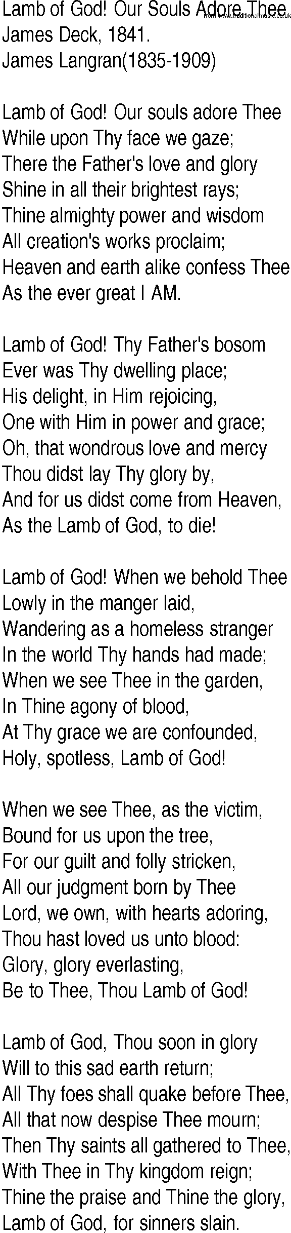 Hymn and Gospel Song: Lamb of God! Our Souls Adore Thee by James Deck lyrics