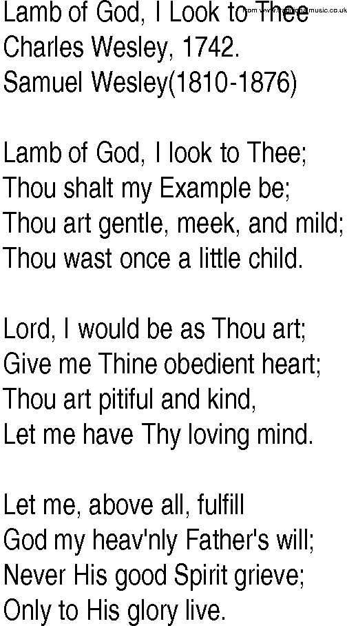 Hymn and Gospel Song: Lamb of God, I Look to Thee by Charles Wesley lyrics