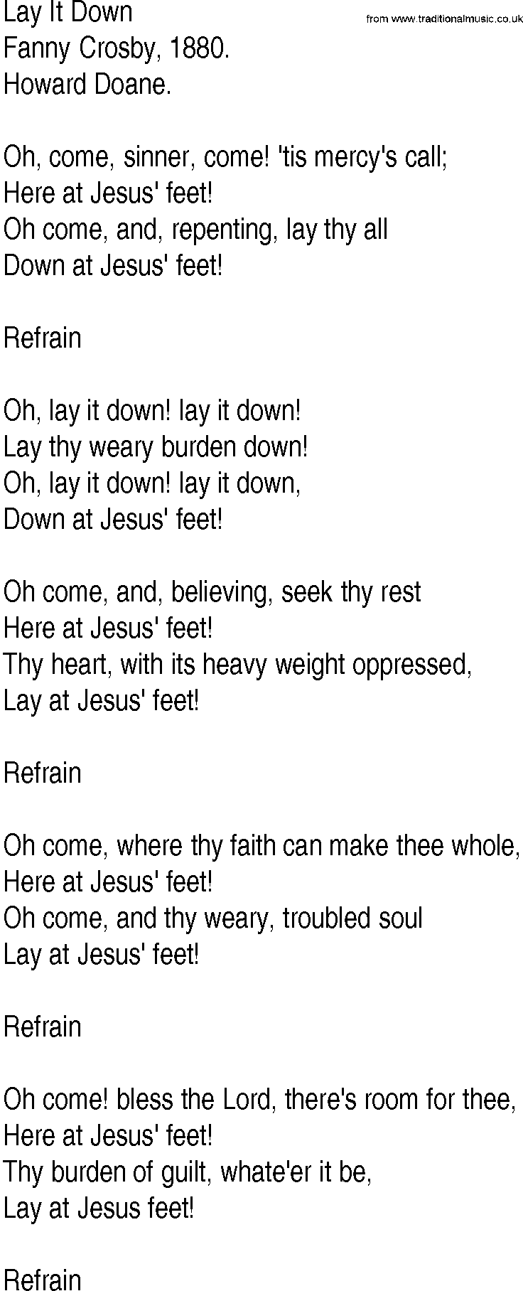 Hymn and Gospel Song: Lay It Down by Fanny Crosby lyrics