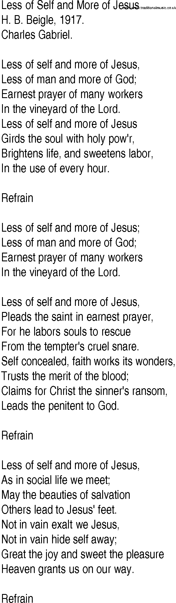 Hymn and Gospel Song: Less of Self and More of Jesus by H B Beigle lyrics
