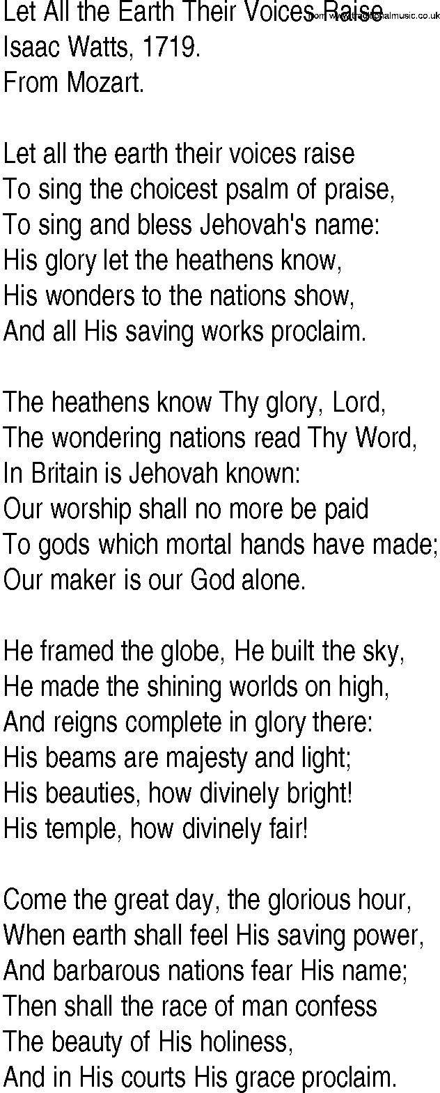 Hymn and Gospel Song: Let All the Earth Their Voices Raise by Isaac Watts lyrics