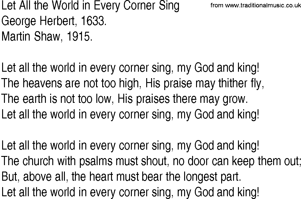 Hymn and Gospel Song: Let All the World in Every Corner Sing by George Herbert lyrics