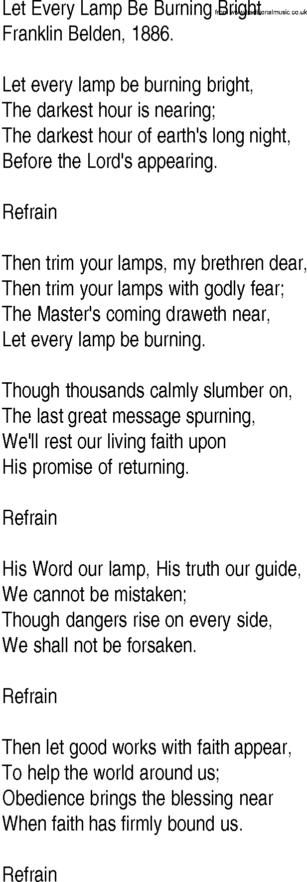 Hymn and Gospel Song: Let Every Lamp Be Burning Bright by Franklin Belden lyrics