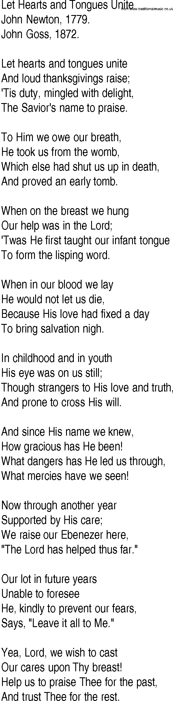 Hymn and Gospel Song: Let Hearts and Tongues Unite by John Newton lyrics