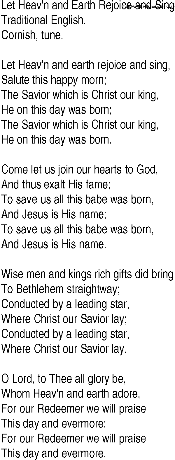 Hymn and Gospel Song: Let Heav'n and Earth Rejoice and Sing by Traditional English lyrics