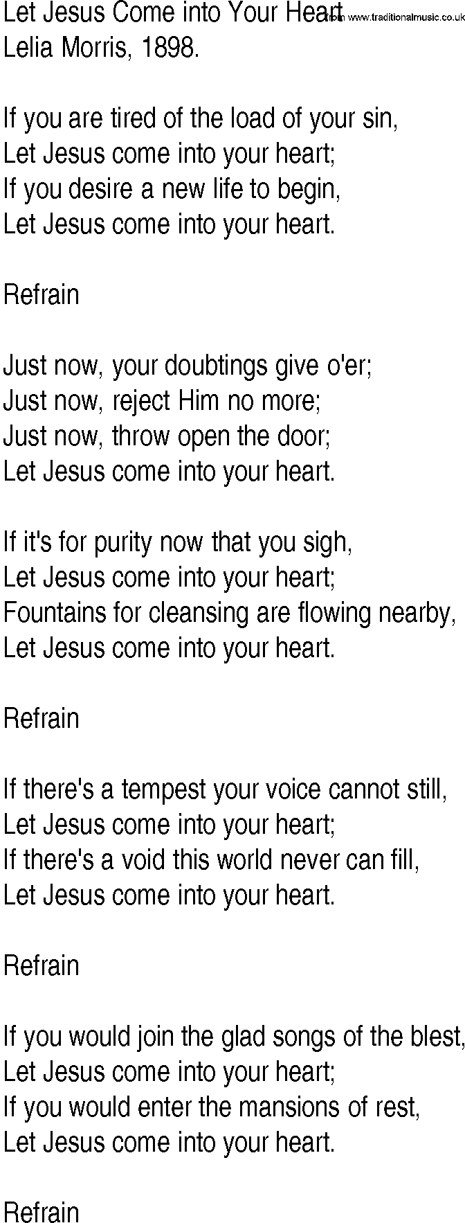Hymn and Gospel Song: Let Jesus Come into Your Heart by Lelia Morris lyrics
