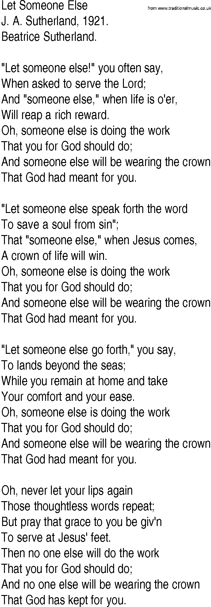 Hymn and Gospel Song: Let Someone Else by J A Sutherland lyrics