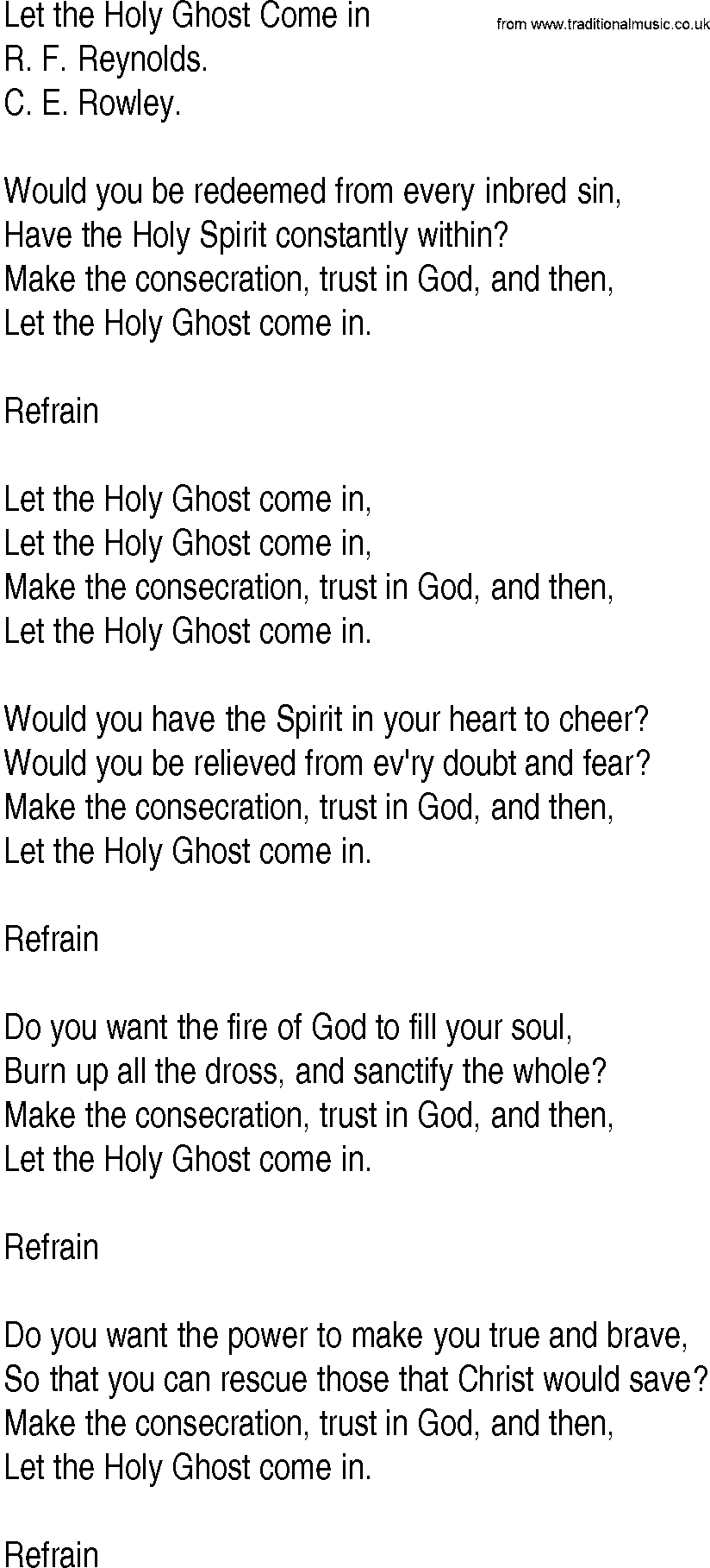 Hymn and Gospel Song: Let the Holy Ghost Come in by R F Reynolds lyrics