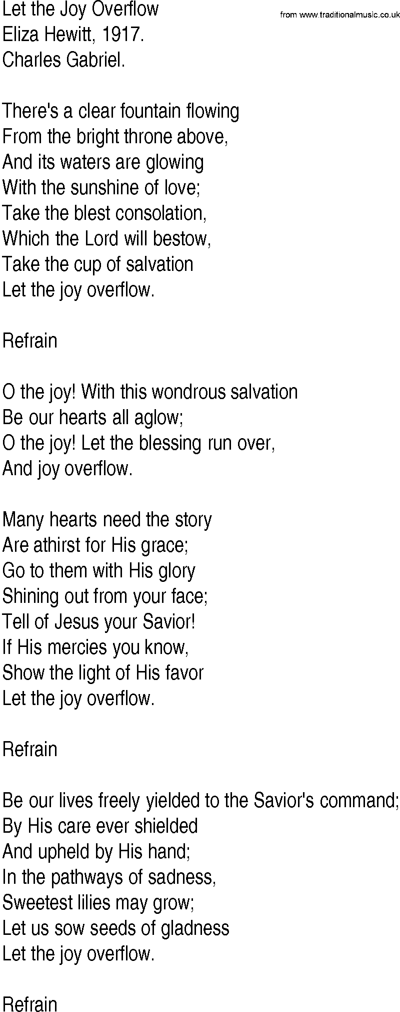 Hymn and Gospel Song: Let the Joy Overflow by Eliza Hewitt lyrics