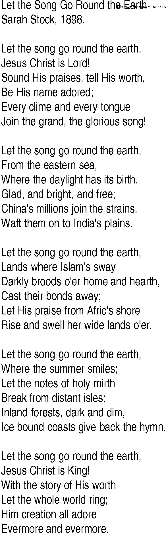 Hymn and Gospel Song: Let the Song Go Round the Earth by Sarah Stock lyrics