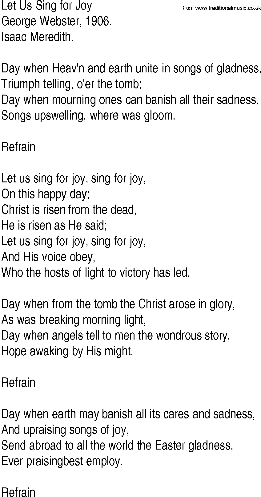 Hymn and Gospel Song: Let Us Sing for Joy by George Webster lyrics