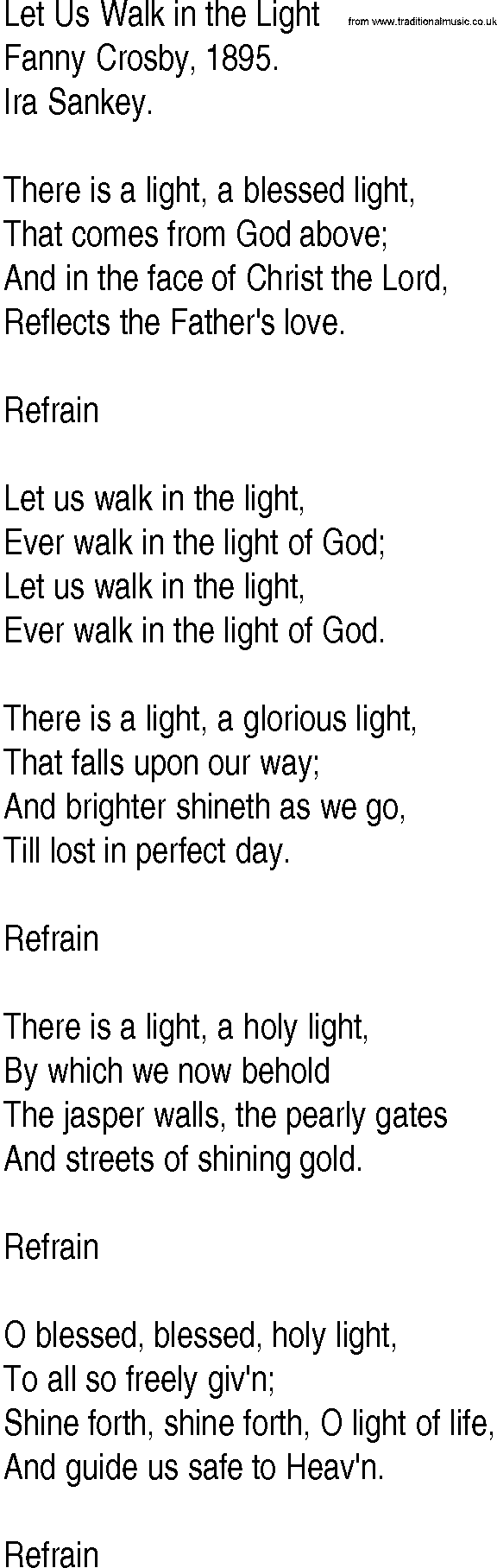 Hymn and Gospel Song: Let Us Walk in the Light by Fanny Crosby lyrics